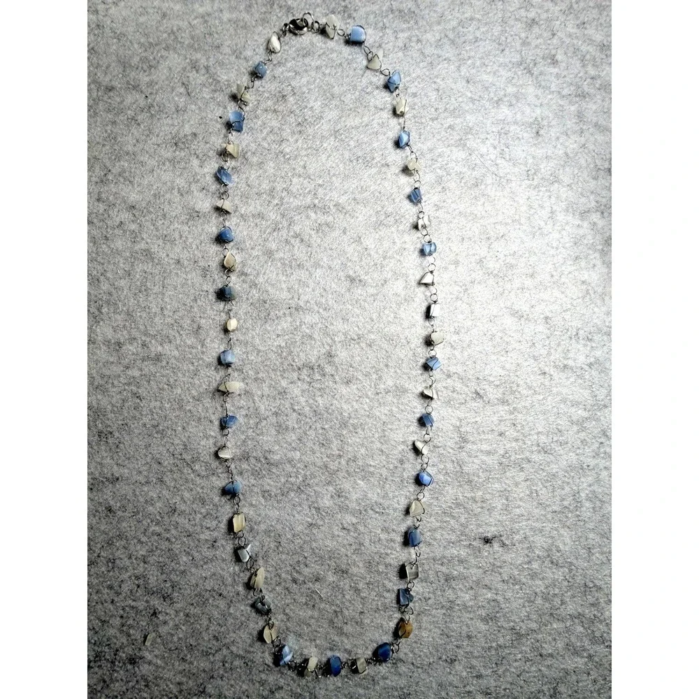 Vintage Y2K Blue Ivory Cats Eye Glass Bead Necklace Double Strand Wire Wrapped